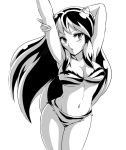  1girl animal_print bikini breasts highres horns long_hair lum_(urusei_yatsura) monochrome oni solo stretch swimsuit takobe tiger_print urusei_yatsura 