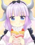  1girl :i bangs blue_eyes blunt_bangs blush bow bubble_background capelet collar cream cream_on_face crepe cross-laced_clothes dot_nose dragon_girl eating expressionless eyelashes fluffy_collar food food_on_face frills fruit gradient_hair hair_bobbles hair_ornament hairband holding holding_food horns kanna_kamui kobayashi-san_chi_no_maidragon lavender_hair long_hair looking_at_viewer low_twintails maccha multicolored_hair shiny shiny_hair solo sparkle sparkle_background strawberry twintails upper_body 