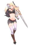  1girl arm_behind_back belt black_shorts blonde_hair boots breasts bustier choker cleavage earrings full_body hair_ornament hairclip highres holding holding_sword holding_weapon huge_weapon jacket jewelry looking_at_viewer medium_breasts midriff navel original red_eyes saruno_(eyesonly712) shorts solo sword thigh-highs weapon white_legwear 