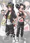  1boy 1girl alternate_costume alternate_hairstyle arm_tattoo artist_request baggy_pants bare_shoulders black_hair blush chain_necklace closed_mouth cosplay female_protagonist_(pokemon_sm) fingerless_gloves frown full_body gloves guzma_(pokemon) guzma_(pokemon)_(cosplay) hair_ornament hand_on_hip holding holding_poke_ball hood hoodie jacket jewelry male_protagonist_(pokemon_sm) navel navel_cutout necklace open_clothes open_shirt pants plumeri_(pokemon) plumeri_(pokemon)_(cosplay) poke_ball pokemon pokemon_(game) pokemon_sm shirt short_sleeves short_twintails single_glove sleeveless smile stomach stomach_tattoo sunglasses sunglasses_on_head tank_top tattoo team_skull team_skull_(cosplay) twintails ultra_ball violet_eyes watch wristband 