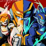  2017 2boys artist_name autobot blue_eyes clenched_hand dated fusion glowing jetfire jetfire_(transformers) jetstorm jetstorm_(transformers) kamizono_(spookyhouse) machine machinery mecha multiple_boys no_humans open_mouth red_background robot safeguard_(transformers) smile transformers transformers_animated twitter_username weapon yellow_eyes 