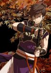  1boy fire_emblem fire_emblem_if grin hinata_(fire_emblem_if) holding holding_weapon japanese_clothes katana kero_sweet leaf male_focus maple_leaf maple_tree scar scar_on_cheek smile solo solo_focus sword tree weapon 