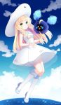  1girl blonde_hair braid clouds cosmog dress green_eyes hat lillie_(pokemon) long_hair pokemon pokemon_(creature) pokemon_(game) pokemon_sm see-through sky sleeveless sleeveless_dress smile stardrop sun_hat twin_braids white_dress white_hat 