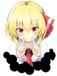  1girl ascot bangs blonde_hair bow collared_shirt commentary_request eyebrows_visible_through_hair fingersmile hair_between_eyes hair_bow hands_up long_sleeves looking_at_viewer red_bow red_eyes rumia sharp_teeth shirt simple_background solo teeth tirotata touhou upper_body white_background white_shirt 
