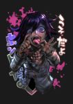  1boy akanbe buttons cropped_torso dangan_ronpa grey_background highres looking_at_viewer male_focus new_dangan_ronpa_v3 nobobit open_mouth ouma_kokichi purple_hair short_hair simple_background smile solo straitjacket tongue tongue_out translation_request 