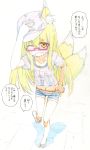  1girl ;o absurdres animal_ears bangs bare_legs barikiosu belt bespectacled blonde_hair blush casual clothes_writing collarbone colored_pencil_(medium) commentary denim denim_shorts english eyebrows_visible_through_hair fang flat_cap flip-flops fox_ears fox_tail full_body glasses hair_between_eyes hand_on_own_head hat highres long_hair looking_at_viewer midriff multiple_tails navel one_eye_closed orange_eyes original red-framed_eyewear sandals semi-rimless_glasses shadow short_shorts short_sleeves shorts sketch solo standing standing_on_one_leg sweat tail tareme thick_eyebrows traditional_media translation_request two_tails typo under-rim_glasses wince 