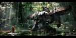  1girl animal_ears blurry commentary highres jumpei99 jungle letterboxed light_rays lily_pad mecha nature original plant realistic ruins scenery science_fiction severed_arm severed_limb solo sunlight swamp sword tree vines water weapon wreckage 