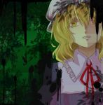  1girl blonde_hair clenched_teeth commentary_request dress forest grey_background hat long_hair looking_at_viewer maribel_hearn mob_cap nature parted_lips ppptoka purple_dress red_ribbon ribbon solo splatter teeth touhou upper_body yellow_eyes 