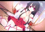  1girl absurdres black_hair breasts hair_over_breasts highres japanese_clothes kimono large_breasts letterboxed long_hair open_clothes open_kimono red_eyes ribbon sitting skirt tagme tatami thigh-highs wariza white_legwear window yoaferia 