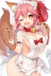  1girl animal_ears apron arm_garter bell bell_collar blush breasts cleavage collar fang fate/grand_order fate_(series) fox_ears fox_tail hair_ribbon large_breasts long_hair looking_at_viewer maid_headdress muryotaro naked_apron one_eye_closed open_mouth paws pink_hair ponytail ribbon simple_background smile solo tail tamamo_(fate)_(all) tamamo_cat_(fate) yellow_eyes 