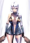  1girl ashiomi_masato bandaged_arm bandaged_leg black_gloves blue_eyes breasts dual_wielding gloves kaine_(nier) lingerie looking_at_viewer navel nier nier_(series) panties solo sword underwear weapon white_hair white_panties 