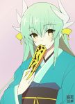  1girl aqua_hair closed_fan fan fate/grand_order fate_(series) folding_fan holding holding_fan horns japanese_clothes kimono kiyohime_(fate/grand_order) long_hair long_sleeves looking_at_viewer pink_background simple_background smile solo takeda_aranobu upper_body yellow_eyes 