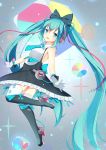  1girl :d absurdly_long_hair absurdres black_boots black_bow blue_eyes blue_hair blue_necktie blue_ribbon boots bow breasts dress full_body gloves hair_bow hair_ornament hatsune_miku high_heels highres jyt knee_boots long_hair looking_at_viewer magical_mirai_(vocaloid) medium_breasts necktie one_leg_raised open_mouth ribbon short_necktie sideboob smile solo thigh-highs twintails very_long_hair vocaloid white_gloves white_legwear 
