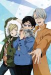  3boys absurdres black_hair blonde_hair blue_eyes brown_eyes coat fur_trim green_eyes hair_over_one_eye hand_in_pocket highres hiramatsu_tadashi hood hooded_jacket huge_filesize incredibly_absurdres jacket katsuki_yuuri male_focus multiple_boys official_art open_mouth scan scarf silver_hair smile viktor_nikiforov yuri!!!_on_ice yuri_plisetsky 