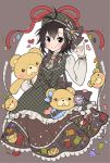  1girl 72producer antenna_hair black_eyes black_hair buttons dress hat idolmaster kikuchi_makoto long_sleeves looking_at_viewer needle plaid plaid_dress ribbon scissors sewing_needle sewing_pins short_hair solo stuffed_animal stuffed_toy tape_measure teddy_bear 