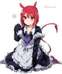 1girl ? animal_ears apron arm_support blush demon_tail dress eyebrows eyebrows_visible_through_hair hands_in_sleeves long_sleeves looking_at_viewer maid maid_apron neck_ribbon off_shoulder original oversized_clothes red_eyes redhead ribbon shoes short_hair simple_background sitting solo speech_bubble tail tanuma_(tyny) twitter_username white_background 