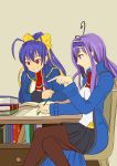 2girls :d antenna_hair blazblue blazblue_remix_heart blue_hair book book_stack bookshelf bow breasts butterfly_hair_ornament chair desk drawer drawfag genderswap genderswap_(mtf) hair_bow hair_ornament hairband holding holding_pencil indoors kajun_faycott large_breasts long_hair looking_at_another mai_natsume miniskirt multiple_girls open_book open_mouth pantyhose pencil pointing ponytail purple_hair reading red_eyes ribbon school_uniform simple_background sitting skirt smile studying table very_long_hair violet_eyes writing yellow_bow 