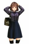  1girl absurdres bag bangs black_legwear blue_eyes blue_skirt brown_hair closed_mouth collared_shirt highres jugon long_sleeves looking_at_viewer original plaid plaid_shirt shirt shirt_pocket shirt_tucked_in shoulder_bag simple_background skirt solo thigh-highs white_background 