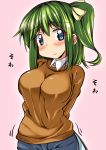  1girl ase_(nigesapo) blue_eyes blush breasts daiyousei eyebrows_visible_through_hair fairy_wings green_hair hair_ribbon highres large_breasts long_hair long_sleeves low_wings ribbon side_ponytail simple_background smile solo sweater touhou wings 