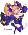  1girl animal_ears blue_legwear bow breasts cleavage detached_sleeves fang fate/extra fate/grand_order fate_(series) fox_ears fox_tail full_body hair_bow hair_ribbon japanese_clothes large_breasts open_mouth pink_hair ribbon simple_background solo tail tamamo_(fate)_(all) tamamo_no_mae_(fate) white_background yellow_eyes yukimura_tsubame 