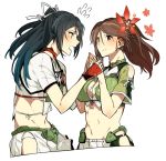  2girls amagi_(kantai_collection) asakawa_(outeq) bare_shoulders black_hair blue_eyes blush breasts cleavage_cutout commentary_request crop_top detached_sleeves eye_contact female fingerless_gloves flower flying_sweatdrops from_side gloves hair_between_eyes hair_flower hair_ornament hand_holding hip_vent japanese_clothes kantai_collection katsuragi_(kantai_collection) large_breasts leaning leaning_forward long_hair looking_at_another midriff mole mole_under_eye multiple_girls navel open_mouth ponytail remodel_(kantai_collection) yuri 