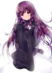  1girl arm_support black_legwear bodysuit breasts cleavage commentary_request fate/grand_order fate_(series) head_tilt highres long_hair looking_at_viewer medium_breasts pauldrons purple_bodysuit purple_hair red_eyes scathach_(fate/grand_order) sitting smile soles solo thigh-highs twiska_(doubitian) very_long_hair 