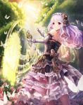  1girl bare_shoulders butterfly chains dress elbow_gloves flower frills gloves hair_ornament highres lolita_fashion long_hair long_skirt looking_at_viewer looking_back lunacle original outdoors purple_hair skirt solo standing sunlight violet_eyes watch white_gloves 