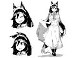  1girl absurdres animal_ears apron boots brooch closed_eyes collar dress fang frills full_body highres imaizumi_kagerou jewelry long_hair maid_headdress monochrome one_eye_closed open_mouth short_sleeves smile tail touhou tyouseki wolf_ears wolf_tail 
