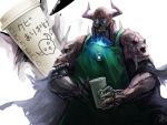  1boy apron armor blue_fire coffee commentary_request cup drawing fate/grand_order fate_(series) fire glowing glowing_eyes green_apron heart horns king_hassan_(fate/grand_order) male_focus mask pen re_lucy simple_background skull skull_mask solo starbucks translation_request twitter_username white_background writing 