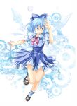  bad_id blue_eyes blue_hair cirno dress highres mary_janes open_mouth pico_(picollector79) shoes short_hair smile snowflake snowflakes socks touhou wings 