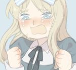  belarus_(hetalia) blonde_hair blue_eyes blush bow clenched_hands fist long_hair open_mouth solo tears 
