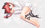  barefoot bottomless braid cat_ears cat_tail fang feet hair_ribbon hair_ribbons kaenbyou_rin lying multiple_tails naked_shirt natsu_no_koucha open_mouth paw_pose red_eyes red_hair redhead ribbon ribbons smile solo tail touhou twin_braids twintails white_shirt 