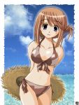  bikini blue_eyes blush brown_hair cloud front-tie_top hair_ornament hair_up hairclip hana_(artist) hana_(hana_mo_arashi_mo) hat komaki_manaka leaning short_hair side-tie_bikini sky smile solo straw_hat swimsuit thigh_gap to_heart_2 water 