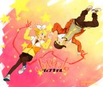  blonde_hair blue_eyes earrings fashion hair_ribbon hair_ribbons hat hoodie jacket jewelry juvenile_(vocaloid) kagamine_len kagamine_rin mitosa necklace pantyhose ribbon ribbons shoes siblings skirt sneakers star stars t-shirt twins vocaloid 