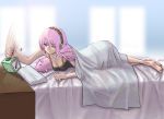  barefoot bed blue_eyes clock hadairo_rainbow lens_flare long_hair megurine_luka pig pink_hair shake_n_bake sleepy stuffed_animal very_long_hair vocaloid wink 