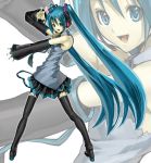  blue_hair boots detached_sleeves hatsune_miku long_hair nail_polish nakaba_reimei open_mouth outstretched_arm smile thigh-highs thigh_boots thighhighs twintails very_long_hair vocaloid zettai_ryouiki zoom_layer 