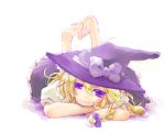  barefoot braid crossed_arms feet kirin_of_december kirisame_marisa lying on_stomach purple_eyes smile touhou violet_eyes 