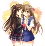  brown_hair clannad company_connection crossover hand_holding holding_hands key_(company) little_busters! little_busters!! long_hair naoe_riki ponytail school_uniform shima_katsuki thigh-highs thighhighs toranosuke toyonoka trap yellow_eyes 