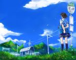  bus_stop cloud clouds house landscape meadow mountain mountains power_lines scenery school_uniform serafuku yana_yana 