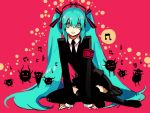  armband formal green_eyes green_hair hatsune_miku long_hair musical_note necktie saihate_(vocaloid) sitting skirt_suit solo starshadowmagician suit thighhighs treble_clef twintails vocaloid 