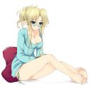  barefoot blonde_hair breasts cleavage feet glasses green_eyes kumatora_tatsumi long_hair original panties pillow pillows pointy_ears side-tie_panties sitting sole sweater toes underwear 