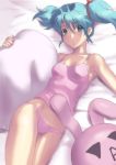  aqua_hair bed bed_sheet char&#039;s_counterattack char's_counterattack gundam i&rarr;r izumi_rion lying pajamas panties pillow pillows pink_panties quess_paraya sheets solo stuffed_animal stuffed_toy tank_top twintails underwear underwear_only uneven_twintails 