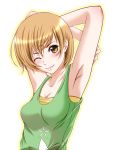  armpits arms_up bad_id bangs blush bob_cut breasts brown_hair bust camisole chiro cleavage crossed_arms looking_at_viewer orange_eyes persona persona_4 satonaka_chie shiny shiny_hair short_hair simple_background smile solo wink 