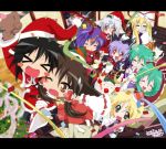  auer black_hair blonde_hair brown_hair christmas fang green_hair hakurei_reimu inubashiri_momiji kagiyama_hina kochiya_sanae lucky_star meimu moriya_suwako parody purple_hair red_eyes santa_costume shameimaru_aya touhou white_hair yakumo_yukari yasaka_kanako 