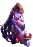  angry breast_squeeze breasts contrapposto daible gluteal_fold helmet highres lipstick long_hair makeup overwatch purple_hair restrained skin_tight widowmaker_(overwatch) yellow_eyes 