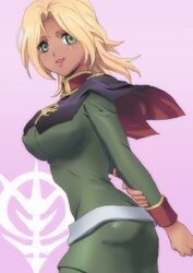  blush breasts char&#039;s_deleted_affair char's_deleted_affair dark_skin green_eyes gundam i&rarr;r izumi_rion jessica_diaz large_breasts lipstick military military_uniform uniform zeon 