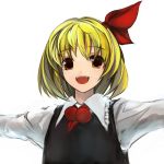  ascot blonde_hair bust fangs hair_ribbon hair_ribbons open_mouth orange_eyes outstretched_arms pupps ribbon ribbons rumia shirt short_hair smile solo spread_arms touhou vest 