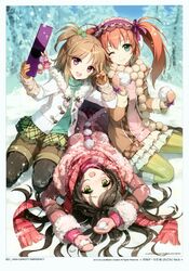  3girls :d absurdres an2a black_hair black_legwear brown_hair cellphone coat earmuffs green_eyes green_legwear hairband highres huge_filesize jacket lolita_hairband lying mittens multiple_girls open_mouth original pantyhose phone pink_eyes smile snowball snowing tagme twintails yellow_eyes 