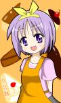  arms_behind arms_behind_back cake dessert food gakusenya hair_ribbon hiiragi_tsukasa lucky_star pastry pie pudding purple_eyes purple_hair ribbon short_hair violet_eyes 