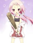  1girl baseball_bat bat blush child flat_chest kl-chan long_hair maruki_(punchiki) nail_bat original pink_hair sports_bra sweater twintails 